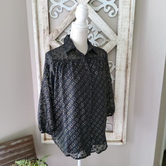 Notations Women's 3/4 Sleeve Foiled Jacquard Chiffon Blouse in Black & Gold - Picture 1 of 10